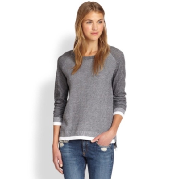 RAG & BONE Grey with Ivory Trim Thermal Crewneck Long Sleeve Sweater Size Medium - Picture 1 of 17